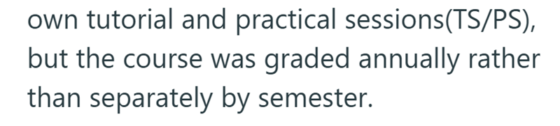 own tutorial and practical sessions(TS/PS), but the course was graded annually rather than separately by semester.