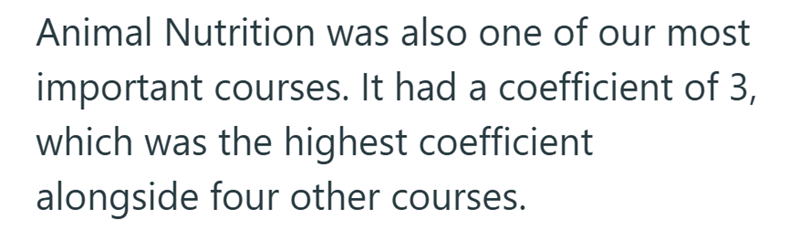 Animal Nutrition was also one of our most important courses. It had a coefficient of 3, which was the highest coefficient alongside four other courses.