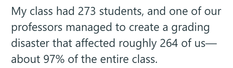 My class had 273 students, and one of our professors managed to create a grading disaster that affected roughly 264 of us— about 97% of the entire class.