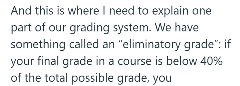 And this is where I need to explain one part of our grading system. We have something called an "eliminatory grade”: if your final grade in a course is below 40% of the total possible grade, you