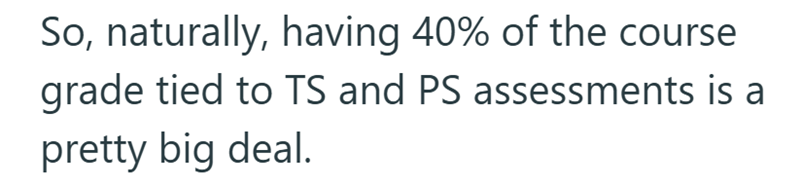 So, naturally, having 40% of the course grade tied to TS and PS assessments is a pretty big deal.