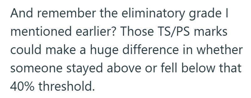 And remember the eliminatory grade I mentioned earlier? Those TS/PS marks could make a huge difference in whether someone stayed above or fell below that 40% threshold.