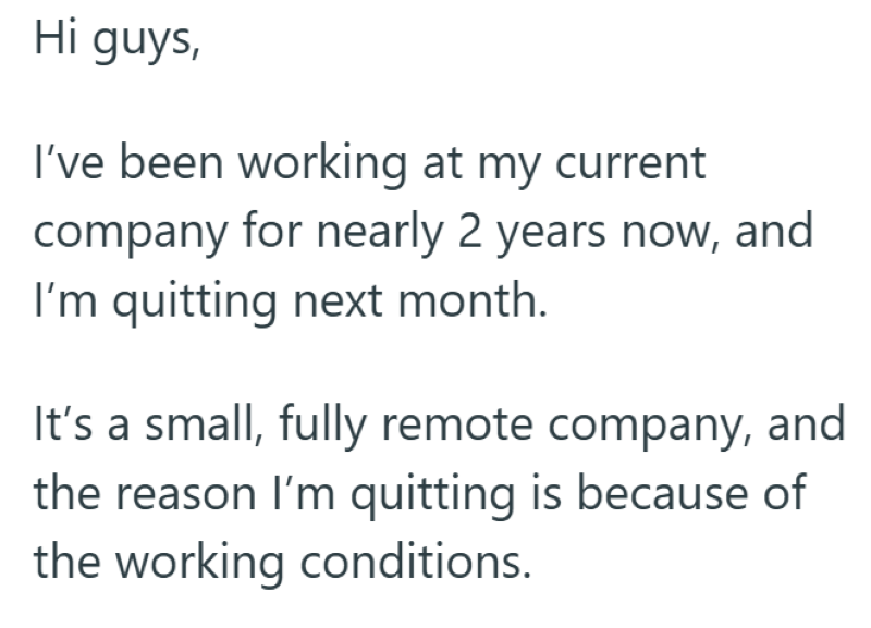 Hi guys, I've been working at my current company for nearly 2 years now, and I'm quitting next month. It's a small, fully remote company, and the reason I'm quitting is because of the working conditions.