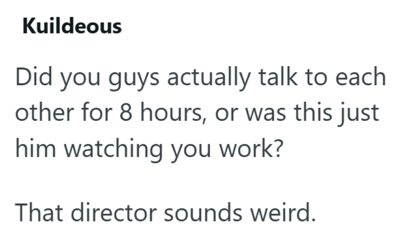 Kuildeous Did you guys actually talk to each other for 8 hours, or was this just him watching you work? That director sounds weird.