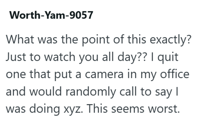 Worth-Yam-9057 What was the point of this exactly? Just to watch you all day?? I quit one that put a camera in my office and would randomly call to say I was doing xyz. This seems worst.