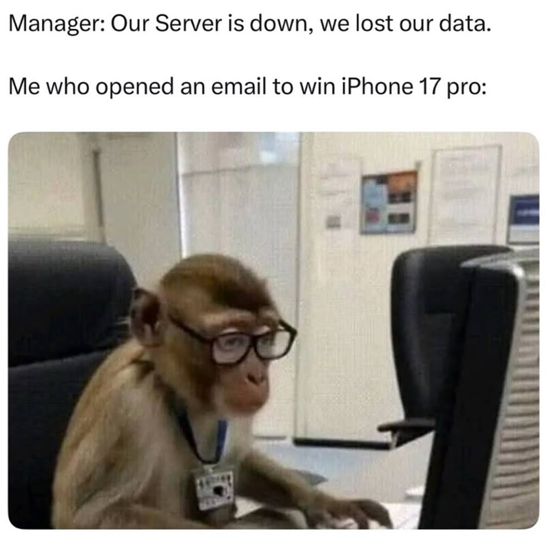 Manager: Our Server is down, we lost our data. Me who opened an email to win iPhone 17 pro: