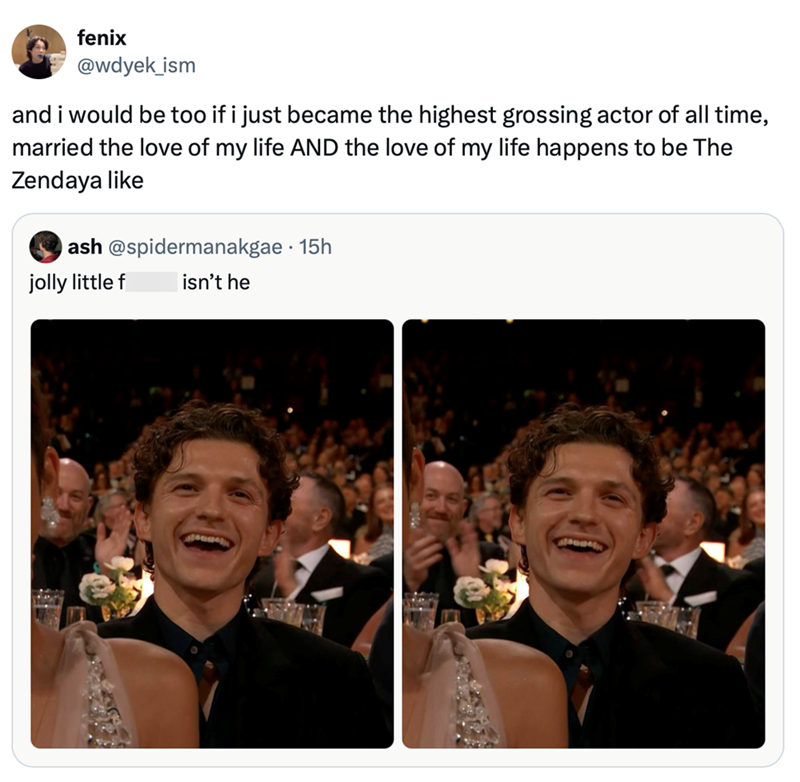 fenix @wdyek_ism and i would be too if i just became the highest grossing actor of all time, married the love of my life AND the love of my life happens to be The Zendaya like ash @spidermanakgae • 15h jolly little f isn't he