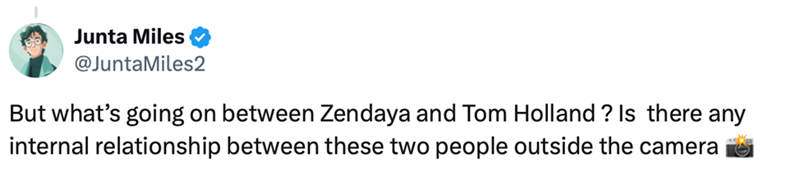 Junta Miles @JuntaMiles2 But what's going on between Zendaya and Tom Holland? Is there any internal relationship between these two people outside the camera