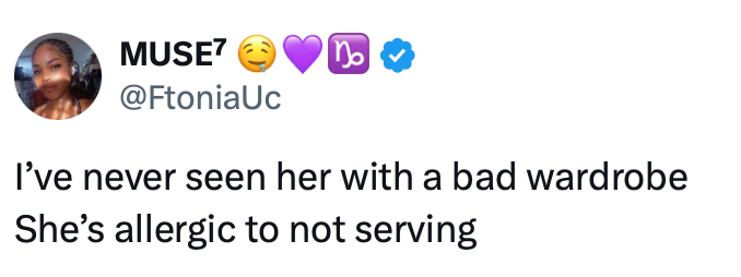 MUSE7 @FtoniaUc I've never seen her with a bad wardrobe She's allergic to not serving