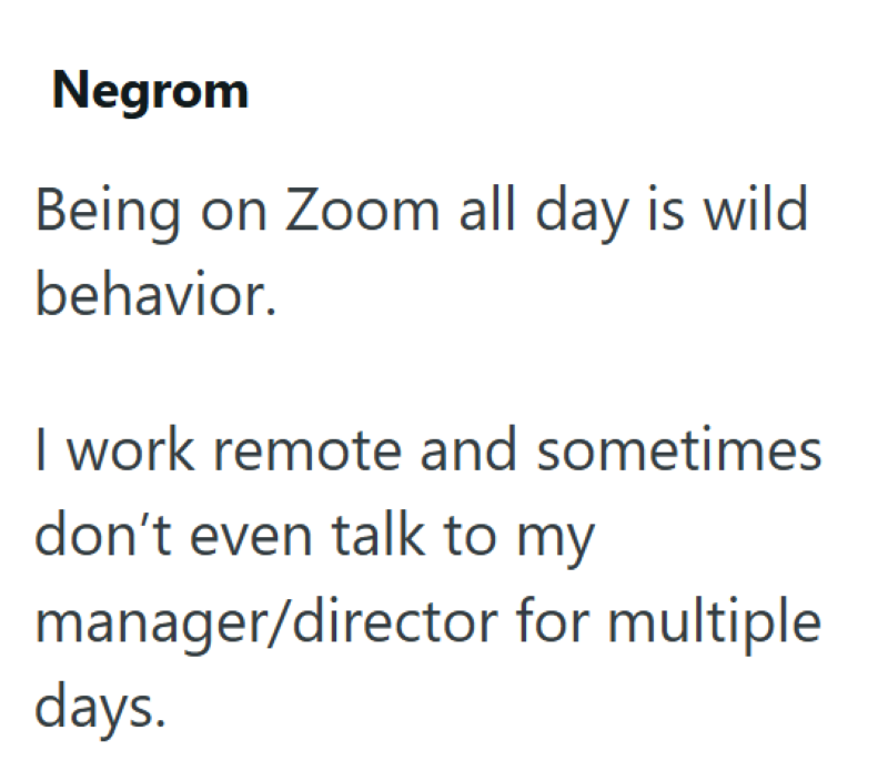 Negrom Being on Zoom all day is wild behavior. I work remote and sometimes don't even talk to my manager/director for multiple days.