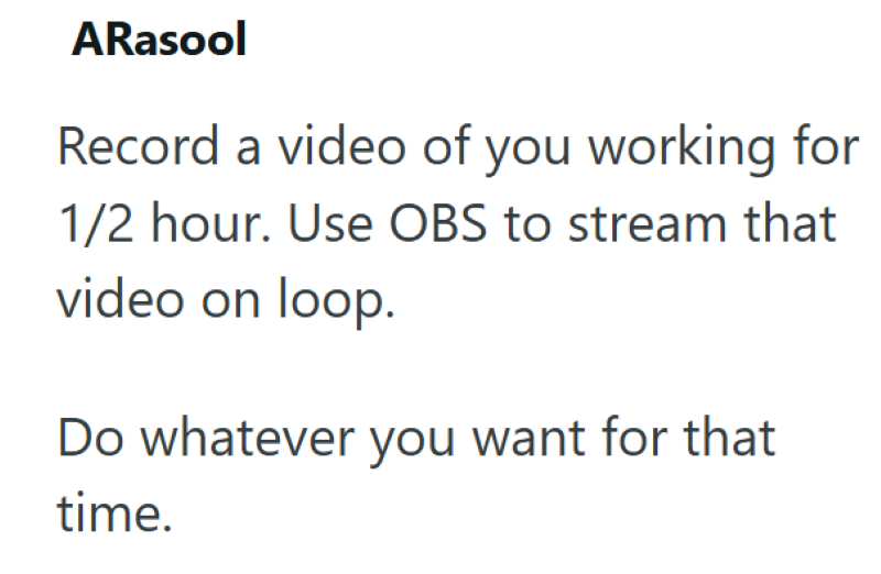ARasool Record a video of you working for 1/2 hour. Use OBS to stream that video on loop. Do whatever you want for that time.