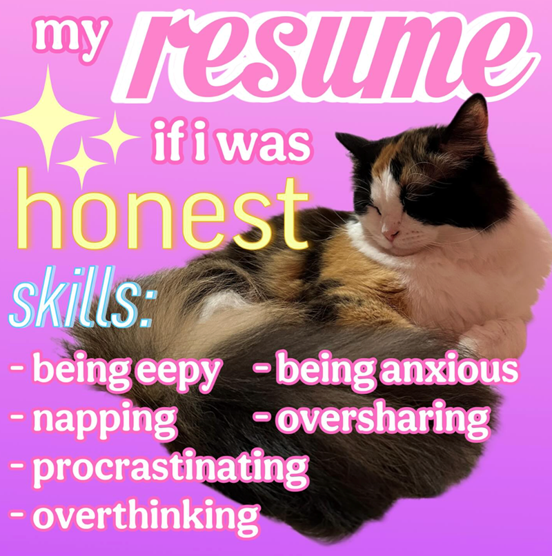 my resume if i was honest skills: -being eepy - being anxious - napping -oversharing - procrastinating - overthinking