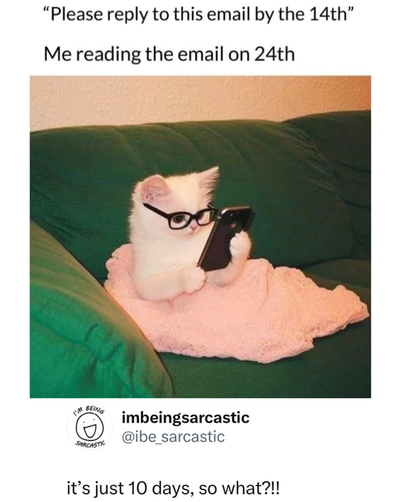 "Please reply to this email by the 14th" Me reading the email on 24th I'M BEING SARCASTIC imbeingsarcastic @ibe_sarcastic it's just 10 days, so what?!!
