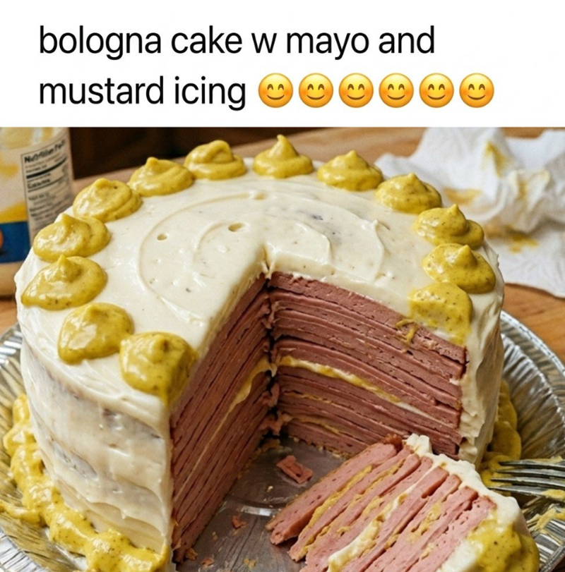 Nue bologna cake w mayo and mustard icing