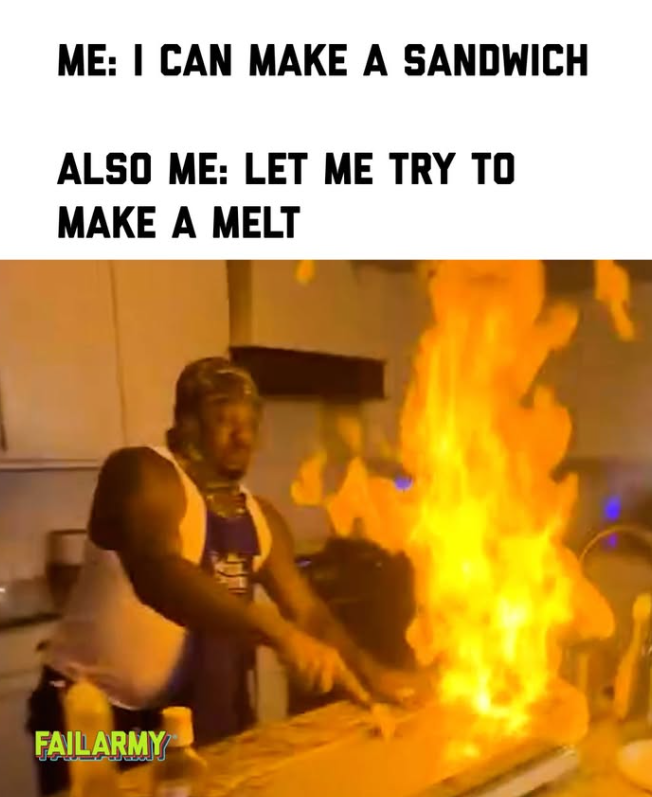 ME: I CAN MAKE A SANDWICH ALSO ME: LET ME TRY TO MAKE A MELT FAILARMY