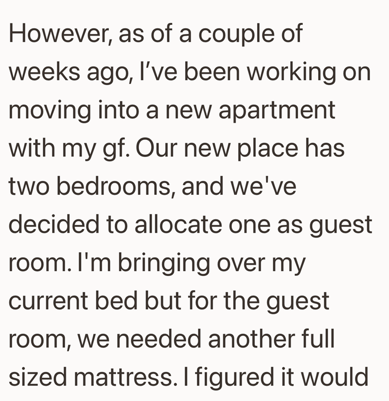 However, as of a couple of weeks ago, I've been working on moving into a new apartment with my gf. Our new place has two bedrooms, and we've decided to allocate one as guest room. I'm bringing over my current bed but for the guest room, we needed another full sized mattress. I figured it would