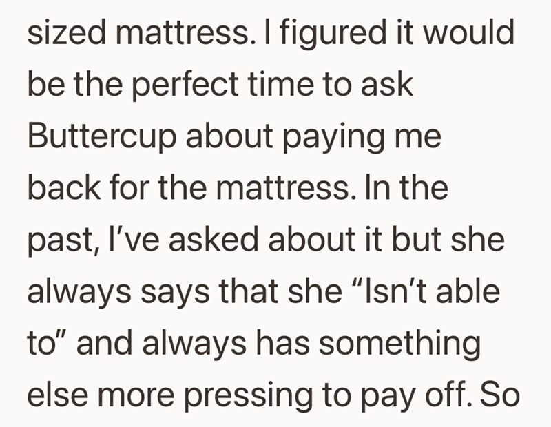 sized mattress. I figured it would be the perfect time to ask Buttercup about paying me back for the mattress. In the past, I've asked about it but she always says that she "Isn't able to" and always has something else more pressing to pay off. So