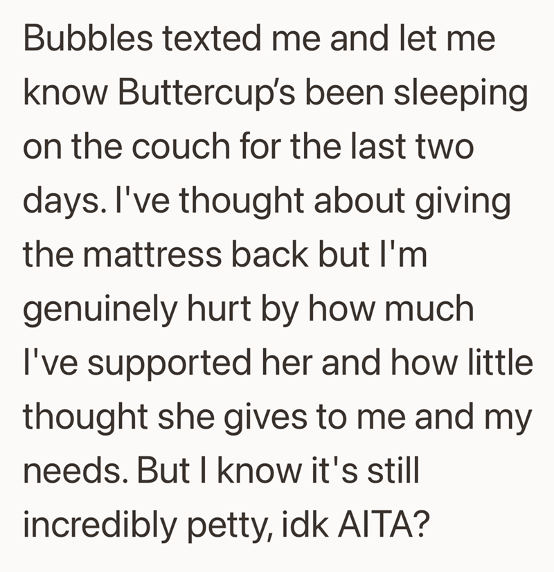 Bubbles texted me and let me know Buttercup's been sleeping on the couch for the last two days. I've thought about giving the mattress back but I'm genuinely hurt by how much I've supported her and how little thought she gives to me and my needs. But I know it's still incredibly petty, idk AITA?