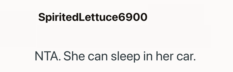 SpiritedLettuce6900 NTA. She can sleep in her car.