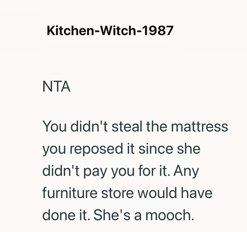 Kitchen-Witch-1987 NTA You didn't steal the mattress you reposed it since she didn't pay you for it. Any furniture store would have done it. She's a mooch.