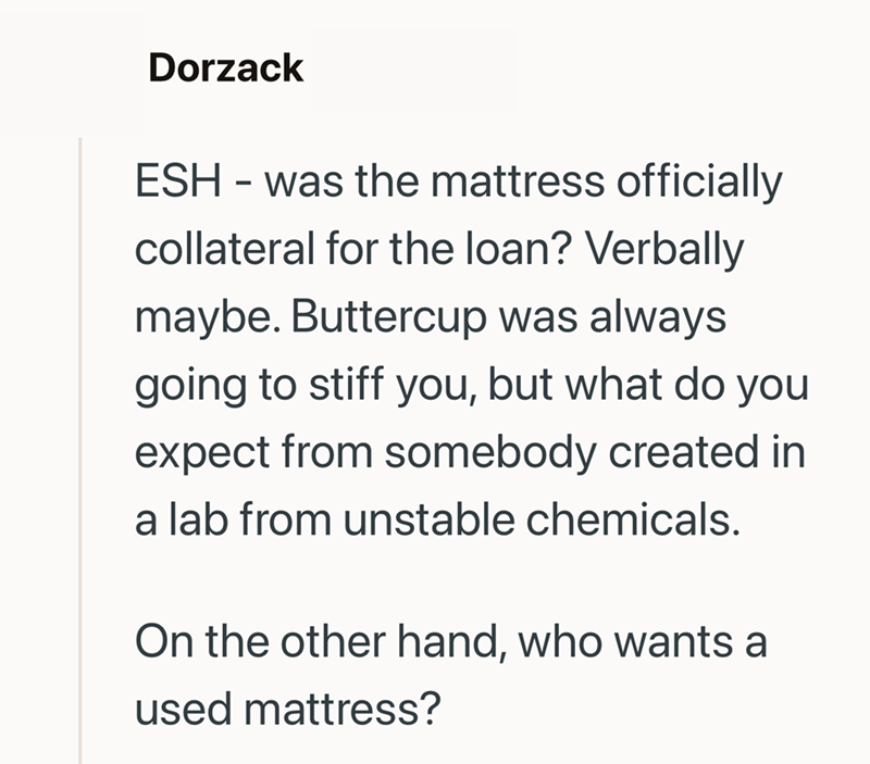Dorzack ESH - was the mattress officially collateral for the loan? Verbally maybe. Buttercup was always going to stiff you, but what do you expect from somebody created in a lab from unstable chemicals. On the other hand, who wants a used mattress?