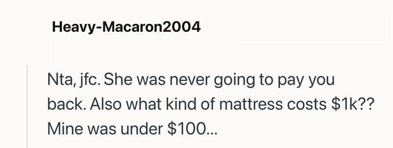 Heavy-Macaron2004 Nta, jfc. She was never going to pay you back. Also what kind of mattress costs $1k?? Mine was under $100...