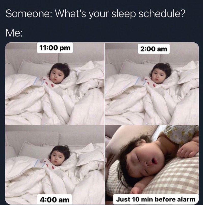 Someone: What's your sleep schedule? Me: 11:00 pm 2:00 am 4:00 am Just 10 min before alarm
