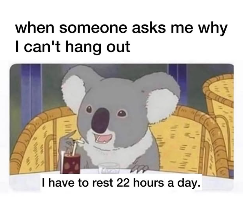 when someone asks me why I can't hang out of Hursthet I have to rest 22 hours a day. PH