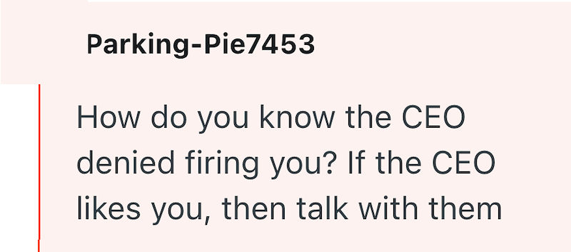 Parking-Pie7453 How do you know the CEO denied firing you? If the CEO likes you, then talk with them