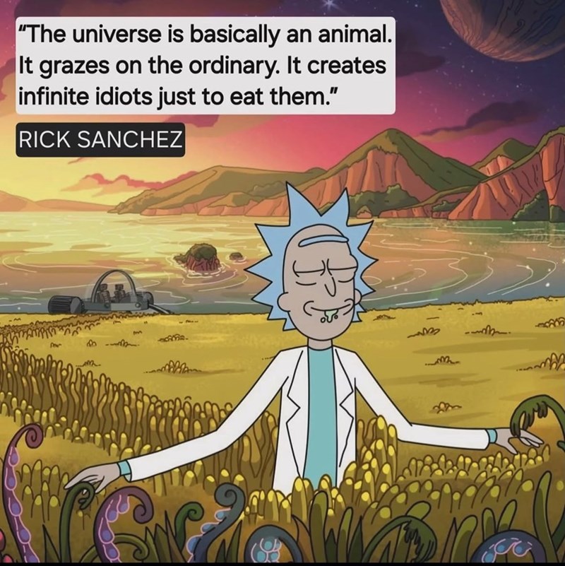 "The universe is basically an animal. It grazes on the ordinary. It creates infinite idiots just to eat them." RICK SANCHEZ ཤ་ཀ ། 밥 m