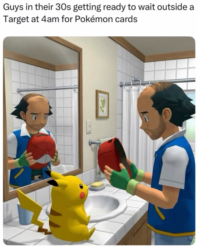 Guys in their 30s getting ready to wait outside a Target at 4am for Pokémon cards