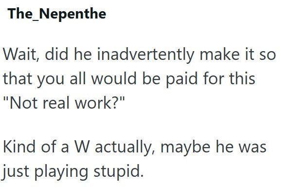 The_Nepenthe Wait, did he inadvertently make it so that you all would be paid for this "Not real work?" Kind of a W actually, maybe he was just playing stupid.