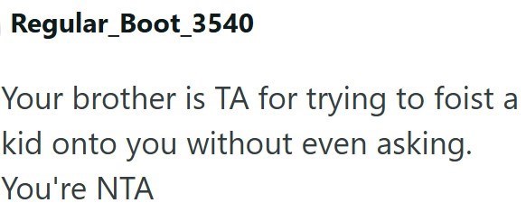 Regular_Boot_3540 Your brother is TA for trying to foist a kid onto you without even asking. You're NTA