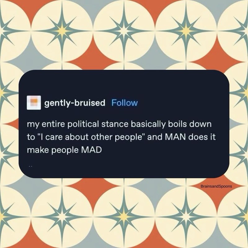 gently-bruised Follow my entire political stance basically boils down to "I care about other people" and MAN does it make people MAD BrainsandSpoons