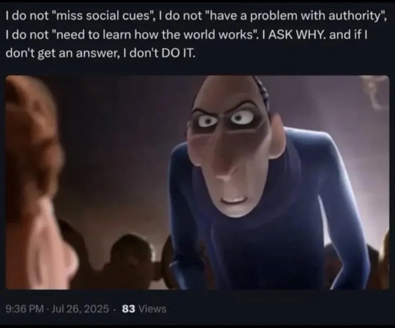 I do not "miss social cues", I do not "have a problem with authority", I do not "need to learn how the world works". I ASK WHY. and if I don't get an answer, I don't DO IT. 9:36 PM - Jul 26, 2025 - 83 Views D