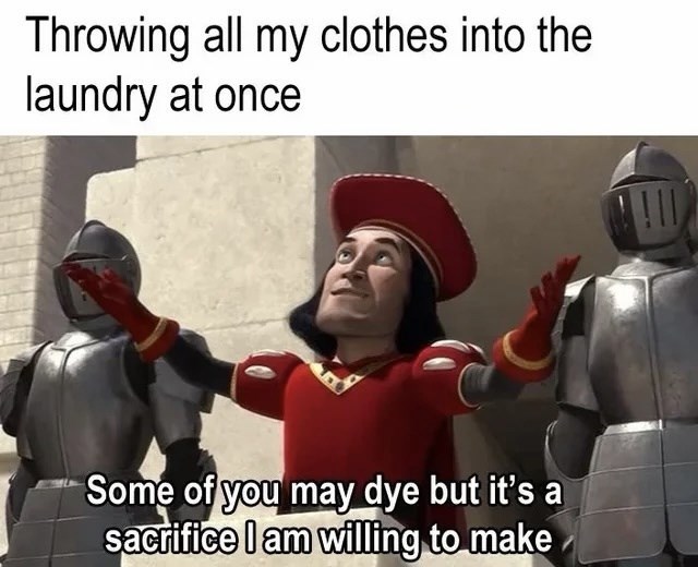 Throwing all my clothes into the laundry at once Some of you may dye but it's a sacrifice I am willing to make