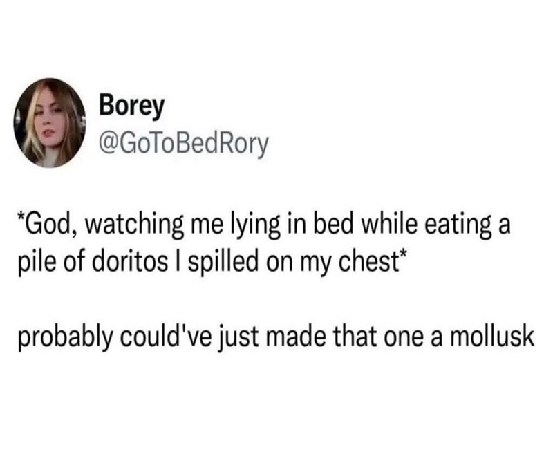 Borey @GoToBedRory *God, watching me lying in bed while eating a pile of doritos I spilled on my chest* probably could've just made that one a mollusk