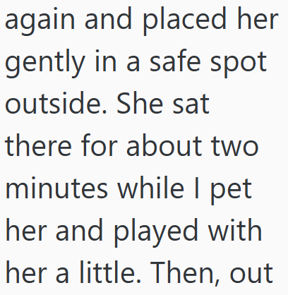 again and placed her gently in a safe spot outside. She sat there for about two minutes while I pet her and played with her a little. Then, out