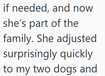 if needed, and now she's part of the family. She adjusted surprisingly quickly to my two dogs and