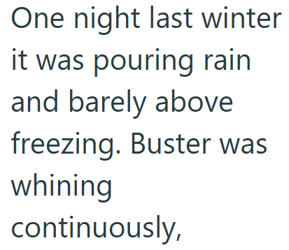 One night last winter it was pouring rain and barely above freezing. Buster was whining continuously,