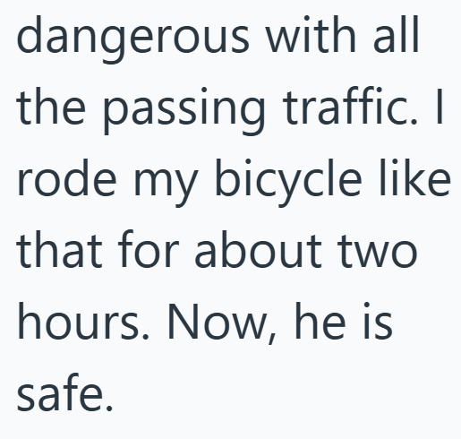 dangerous with all the passing traffic. I rode my bicycle like that for about two hours. Now, he is safe.