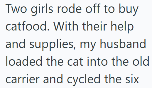 Two girls rode off to buy catfood. With their help and supplies, my husband loaded the cat into the old carrier and cycled the six