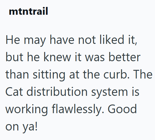 mtntrail He may have not liked it, but he knew it was better than sitting at the curb. The Cat distribution system is working flawlessly. Good on ya!