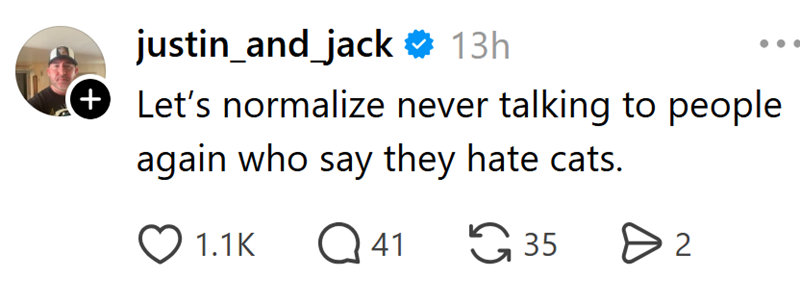 justin_and_jack 13h + Let's normalize never talking to people again who say they hate cats. 1.1K Q41 35 Өг