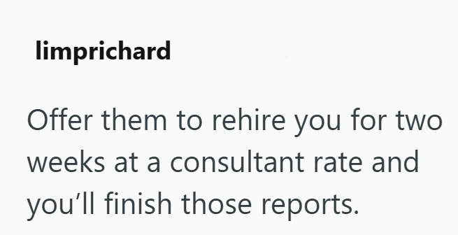 limprichard Offer them to rehire you for two weeks at a consultant rate and you'll finish those reports.