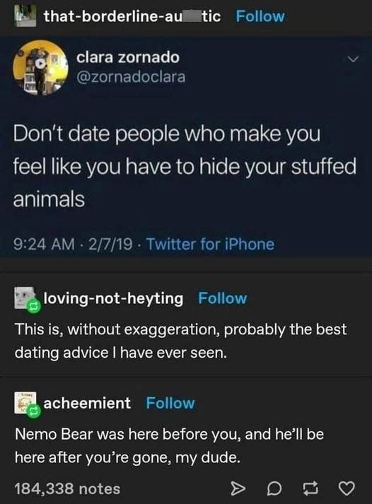 that-borderline-au tic Follow clara zornado @zornadoclara Don't date people who make you > feel like you have to hide your stuffed animals 9:24 AM - 2/7/19. Twitter for iPhone loving-not-heyting Follow This is, without exaggeration, probably the best dating advice I have ever seen. acheemient Follow Nemo Bear was here before you, and he'll be here after you're gone, my dude. 184,338 notes >