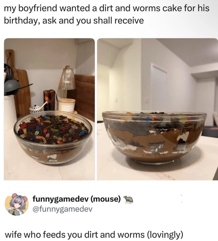 my boyfriend wanted a dirt and worms cake for his birthday, ask and you shall receive funnygamedev (mouse) @funnygamedev wife who feeds you dirt and worms (lovingly)
