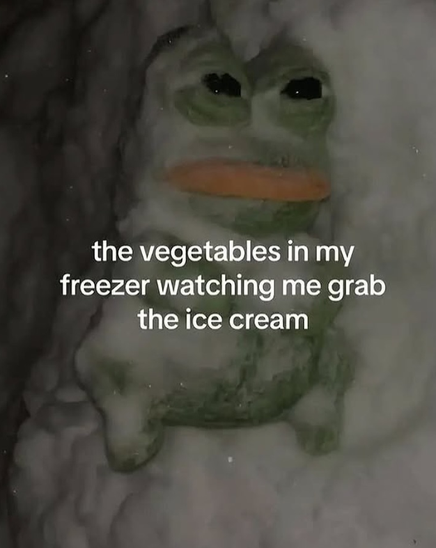 the vegetables in my freezer watching me grab the ice cream