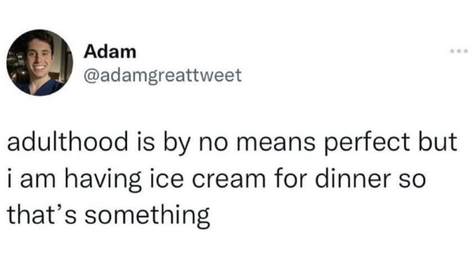 Adam @adamgreattweet adulthood is by no means perfect but i am having ice cream for dinner so that's something