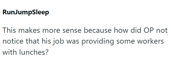 RunJumpSleep This makes more sense because how did OP not notice that his job was providing some workers with lunches?